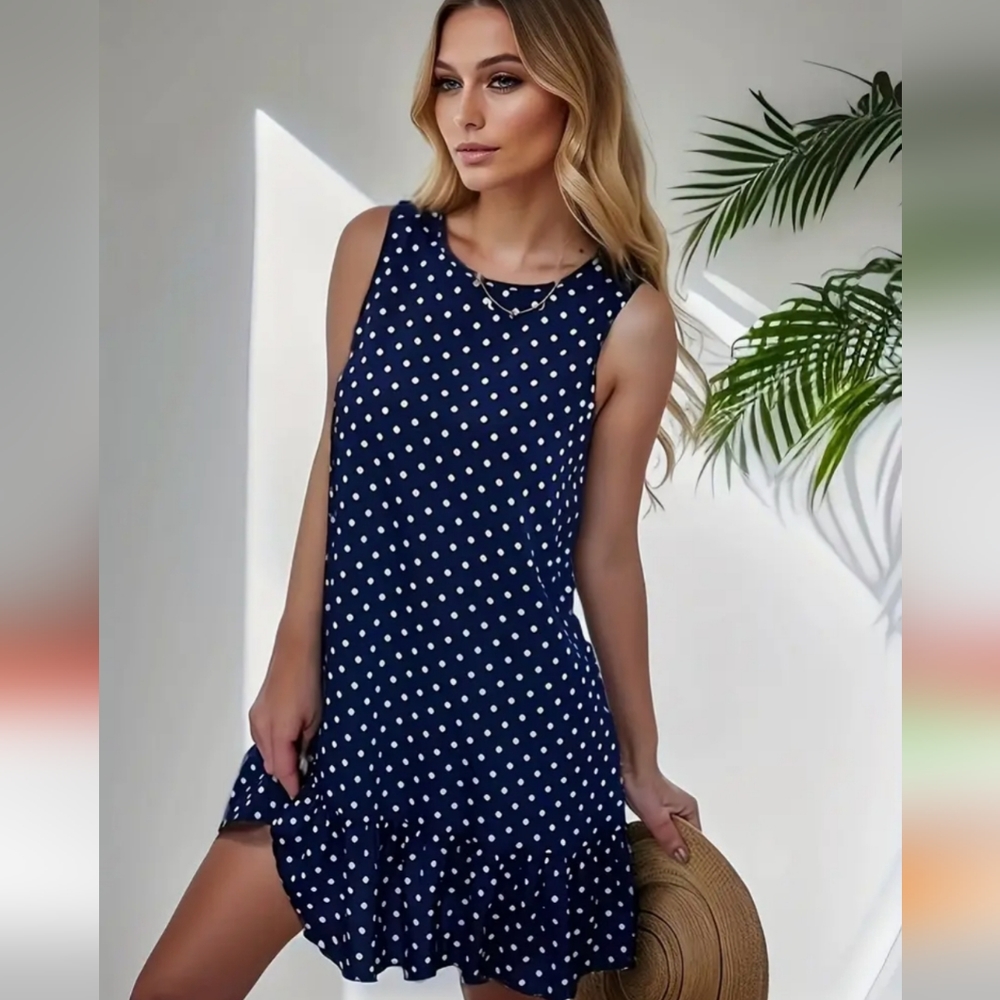 Navy Blue Polka Dot Print Sleeveless Ruffle Trim Hem Dress New Trendy Women